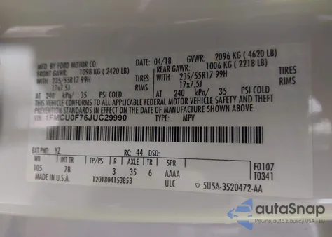 2018 Ford Escape S из США, поврежденный, VIN 1FMCU0F76JUC29990